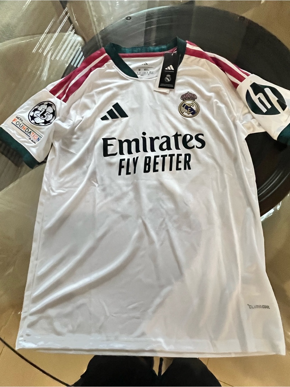 adidas White Real Madrid Home Jersey with Dark Green & Red Trim